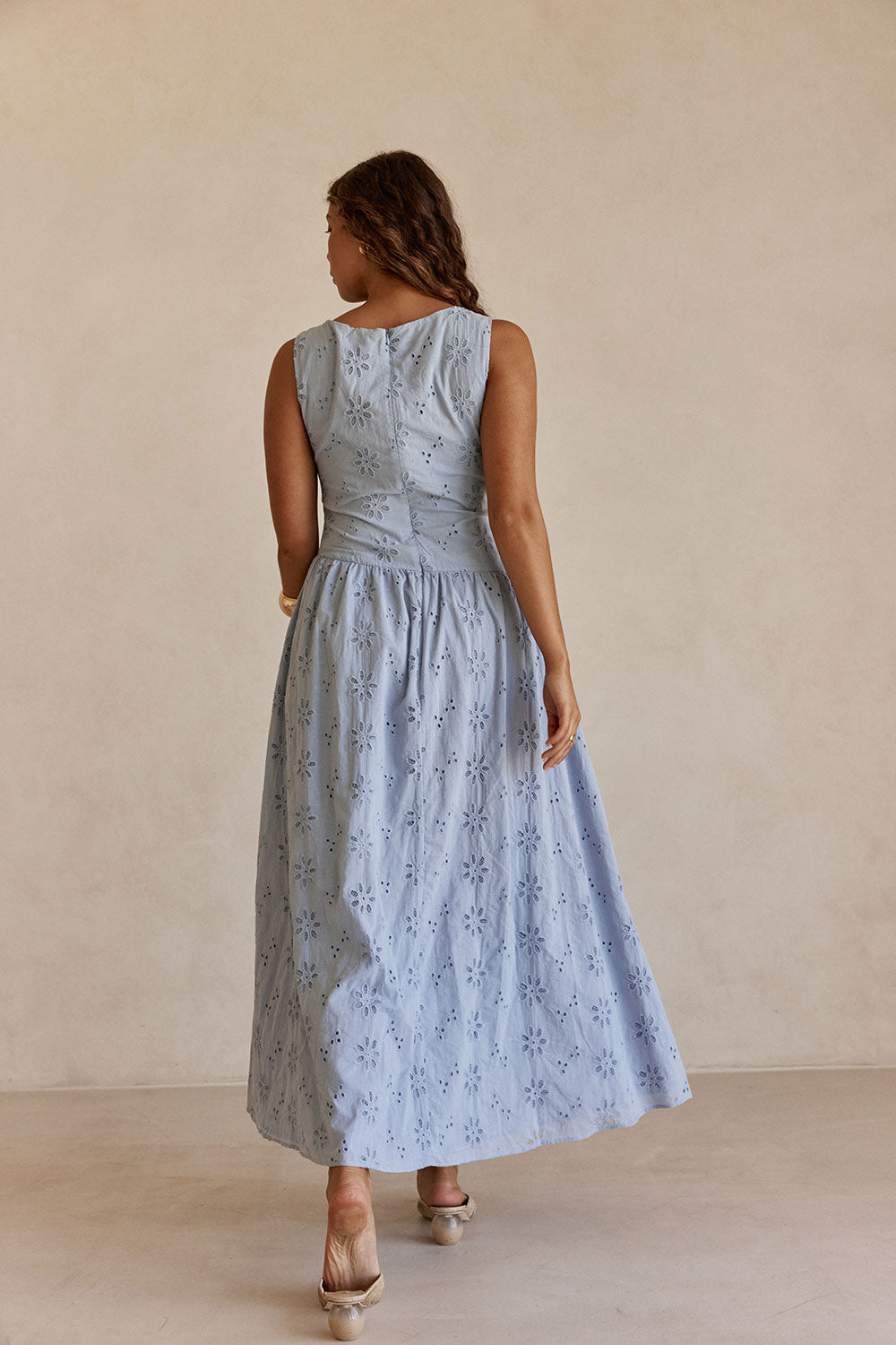 Blue Broderie Button Maxi Odessa Dress