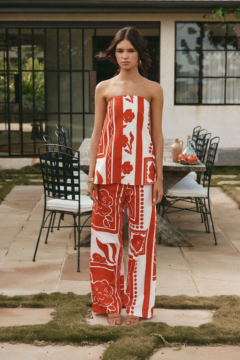 Red Voyage Print High Waist Drawstring Avalon Pants