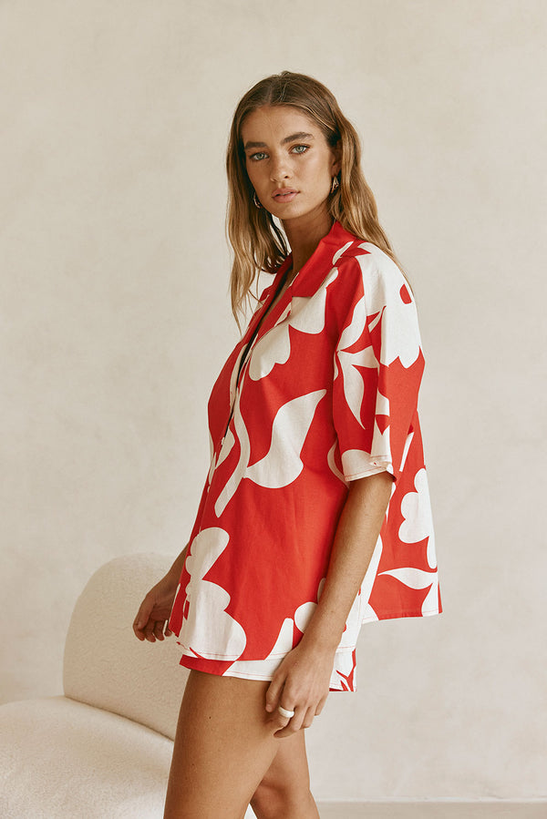 Red Sweet Caroline White Floral Button-Up Collared Karter Dress