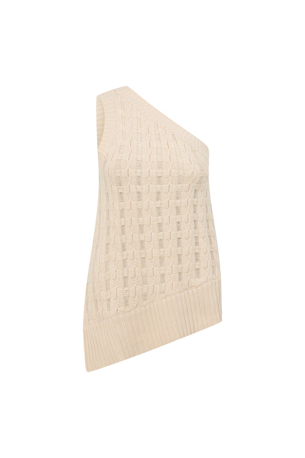 Beige Textured Knit One Shoulder Asymmetric Amirah Top