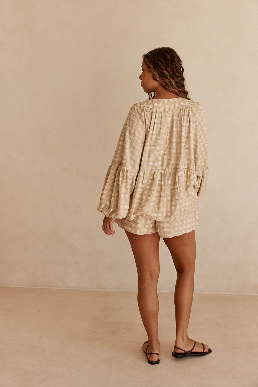 Khaki Gingham Flouncy Puff Sleeve Rylia Top