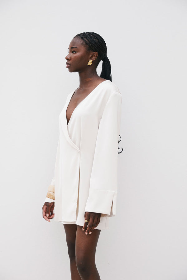 Beige Long Sleeve Mini Wrap Asoka Dress