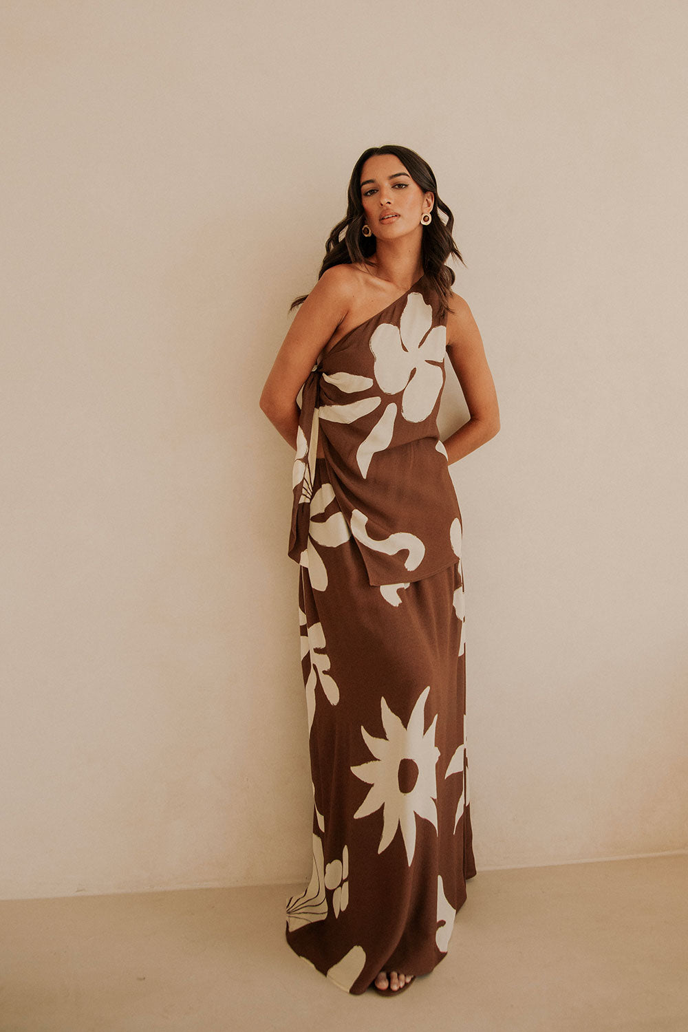 Lessi One Shoulder Tie Maxi Dress - Galene Brown Print