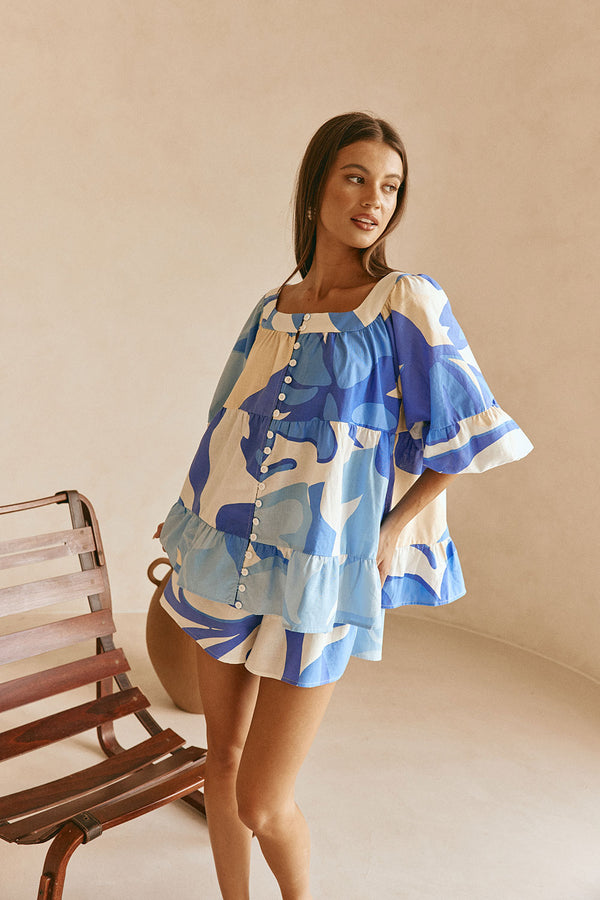 Valley Blue Print Puff Sleeve Button Elara Top