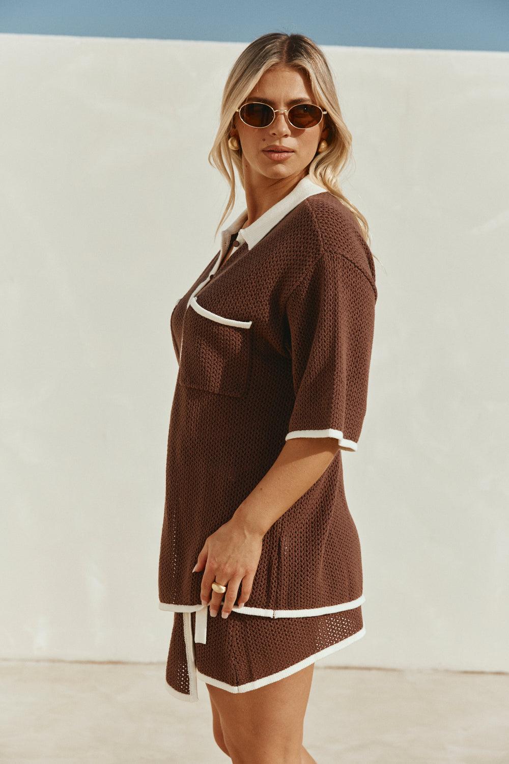 Brown Crochet Knit Button Up Short Sleeve Shiloh Top