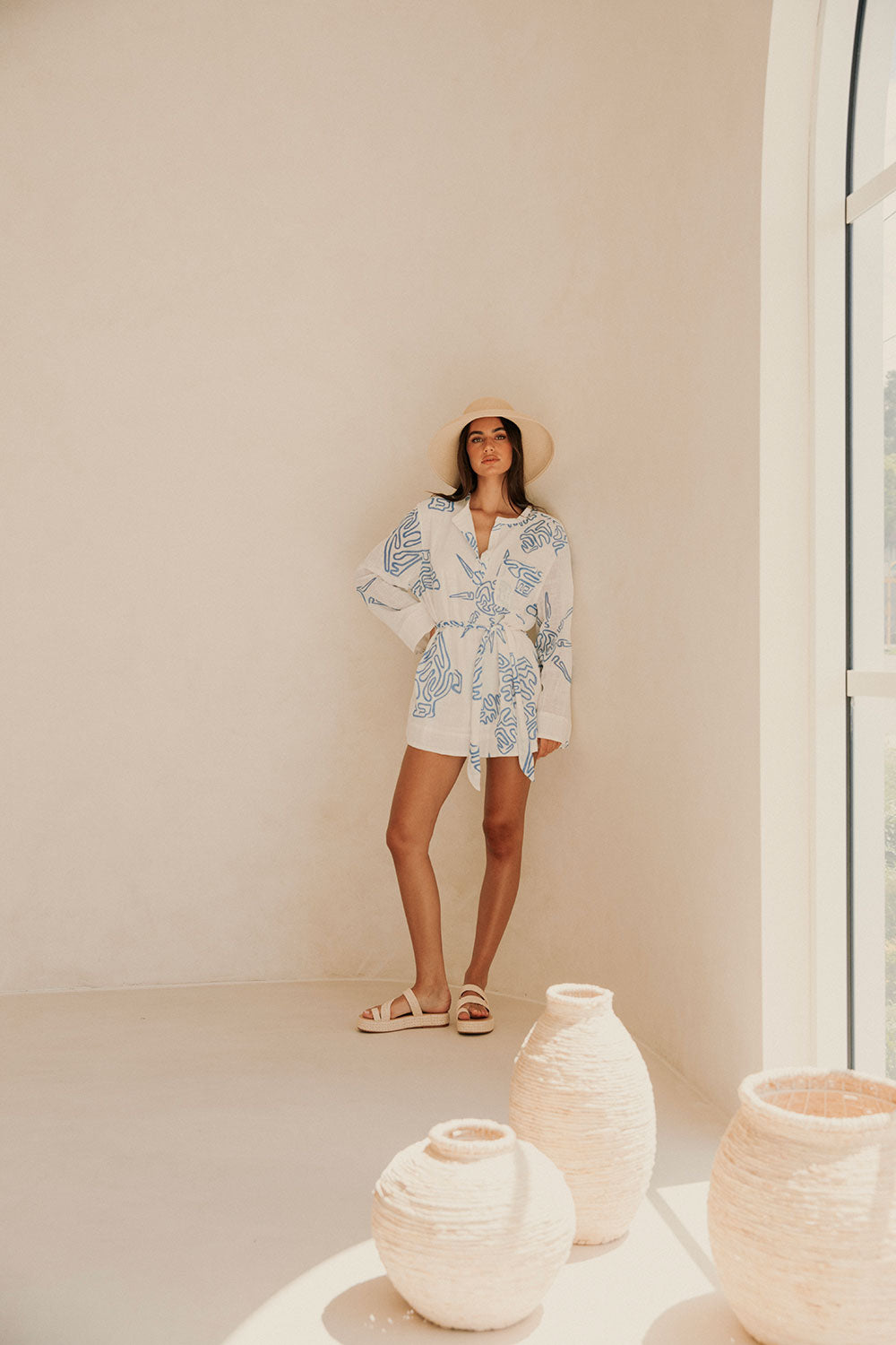 Ali Long Sleeve Tropical Mini Dress - White, Blue Evoke Print