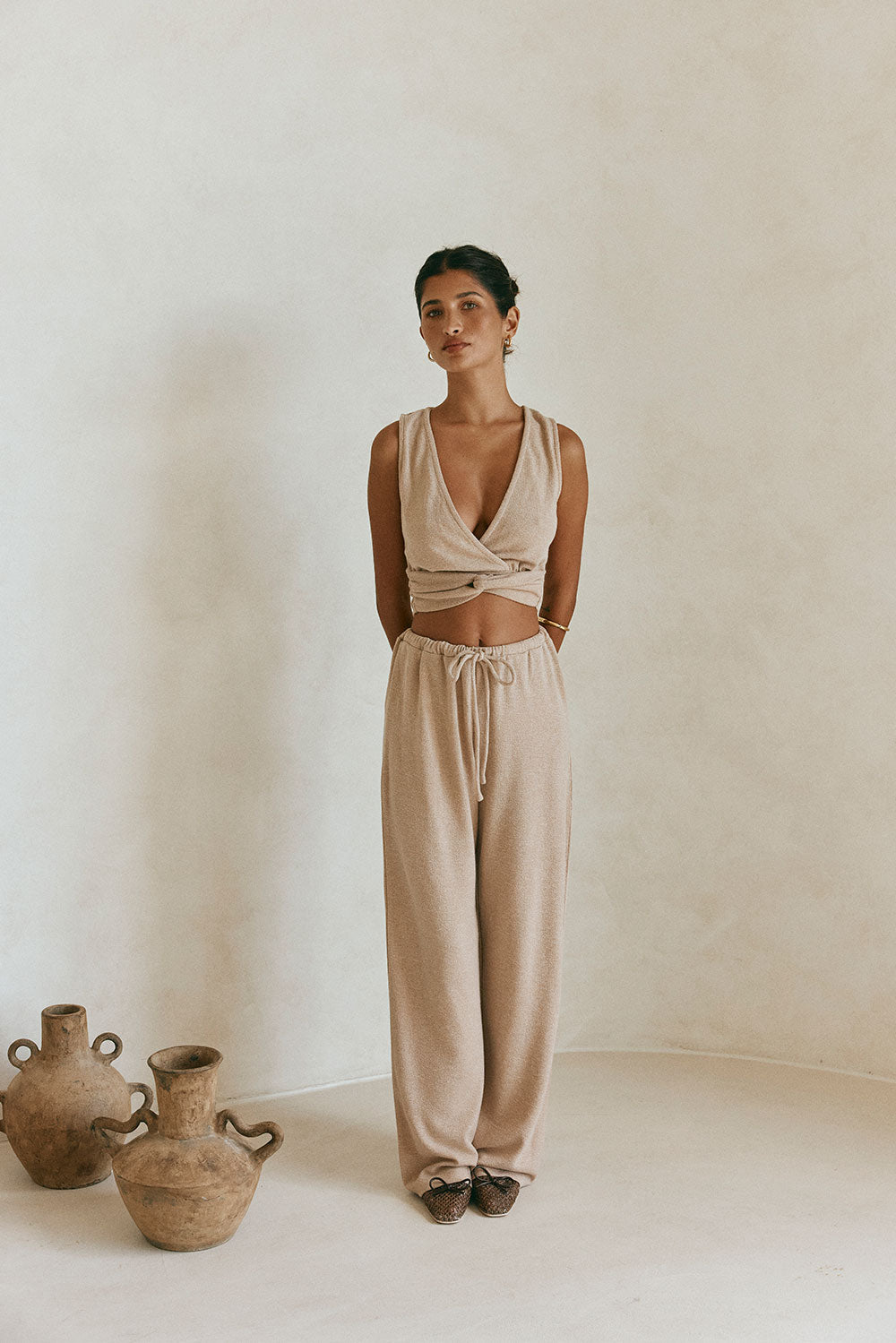 Tan Plunge V Neck Cutout Wrap Crop Sierra Top