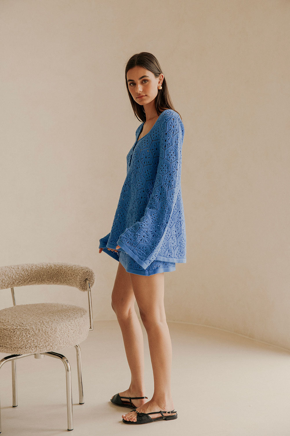 Blue Knit Long Sleeve Button Alivia Top