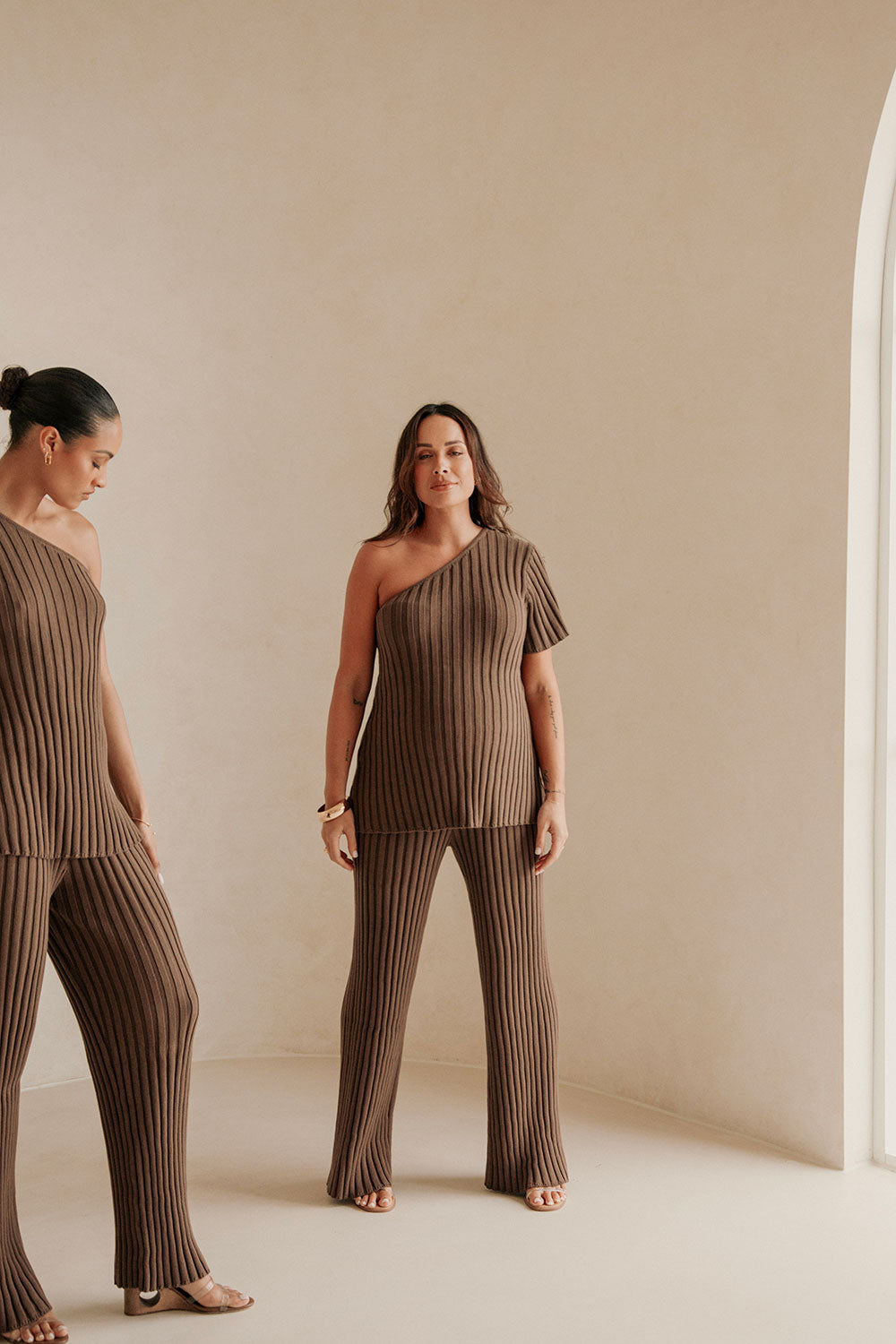 Brown Knit One Shoulder Short Sleeve Neena Top