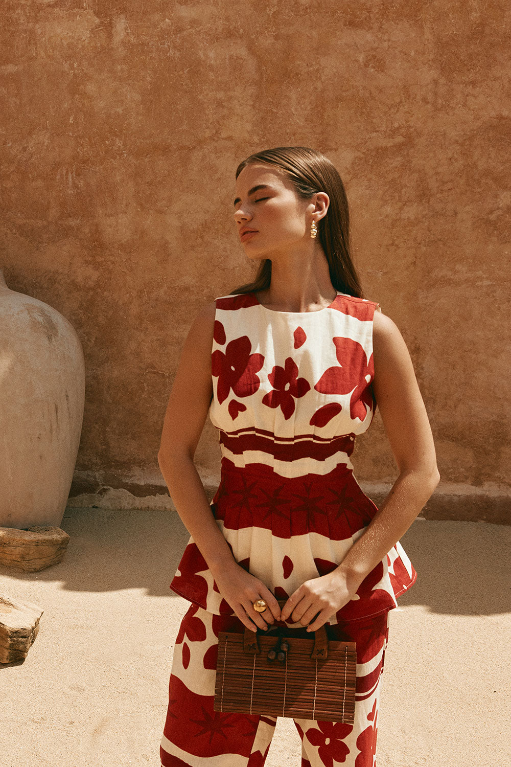 Red Sienna Sunset Print Pleated Del Mar Top