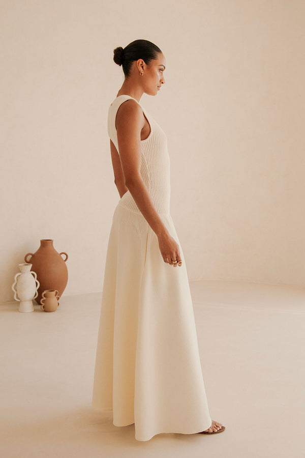 Cream Ribbed Round Neck Flowy Maxi Bryce Dress