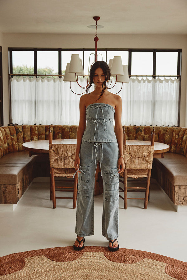 Blue Denim Strapless Tie Fiore Top