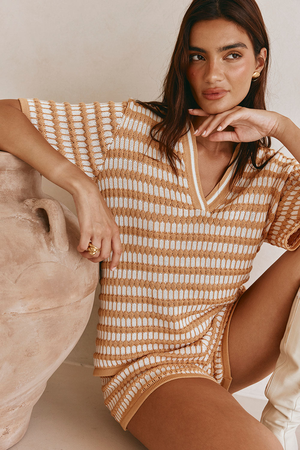 Orange Knit Short Sleeve Collar V Neck Josie Top