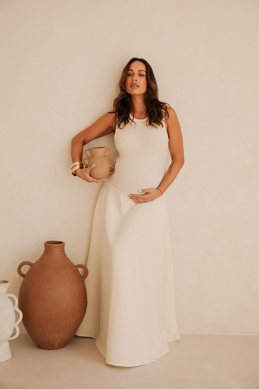 Cream Ribbed Round Neck Flowy Maxi Bryce Dress