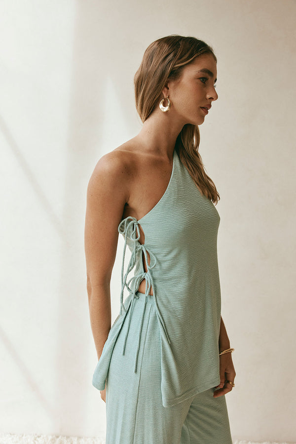 Sage Green One-Shoulder Side Tie Zen Top