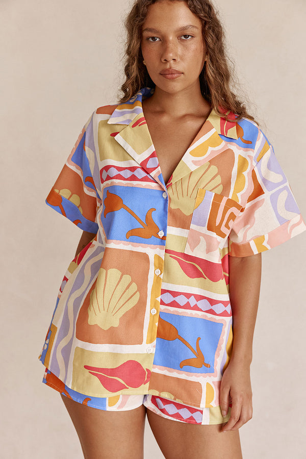 Solis Tropical Print Button Up Short Sleeve Indra Top