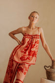 Alani Floral Thin-Strap Top - Fiore Postcard Print in Coral Pink and Red