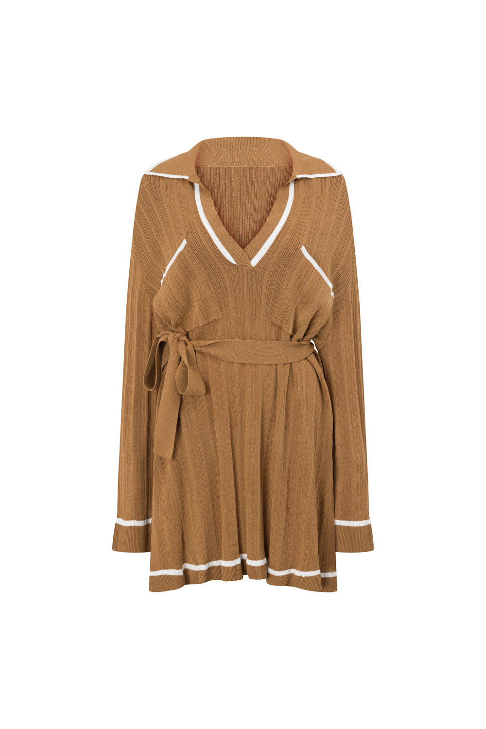 Brown V Neck Long Sleeve Pocket Mini Beau Dress