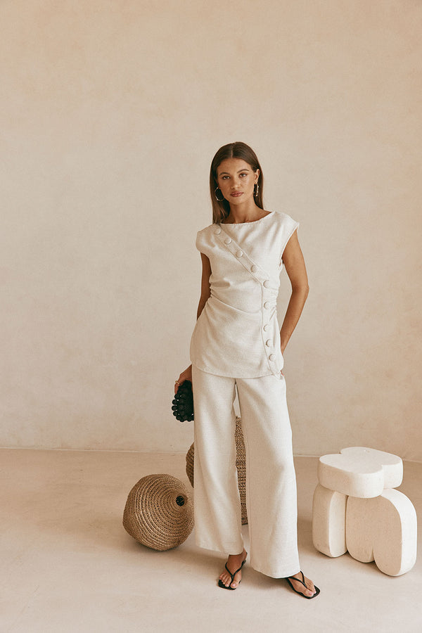 Beige Asymmetric Waist Straight Leg Azul Trouser Pants