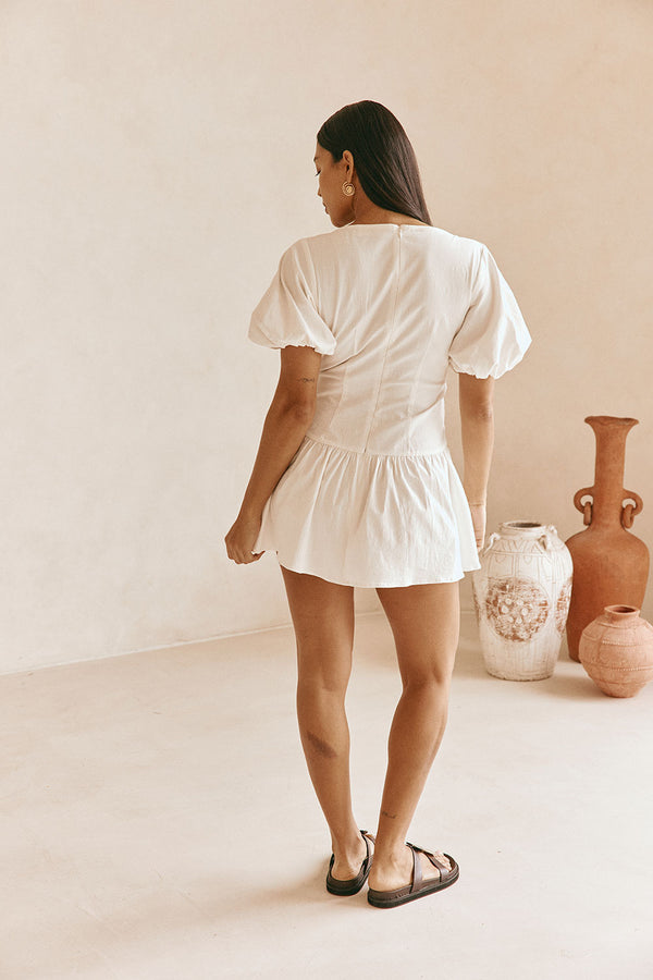 White Cotton Ruched Mini Lou Dress