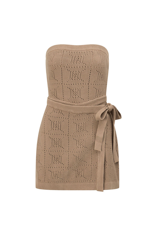 Brown Knit Strapless Mini Beret Dress