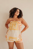 Adiamo Backless Tie Playsuit -Thalassa Rust Print Orange, Yellow, Green