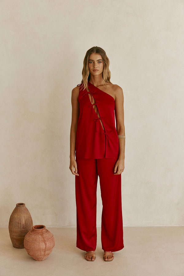 Red Backless One-Shoulder Front Tie Natalie Jumpsuit