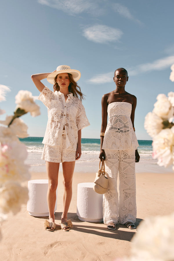 White Embroidered Cutwork Wide Leg Donna Pants