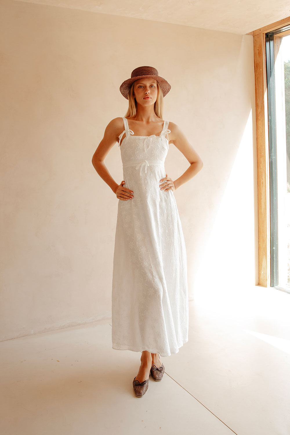 White Embroidered Wide Strap Maxi Evi Dress