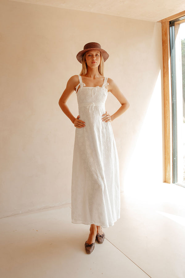 White Embroidered Wide Strap Maxi Evi Dress