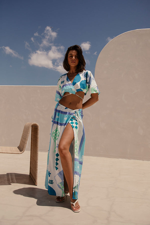 Naya Wrap Top - Scarf Azure, Blue, Green, White