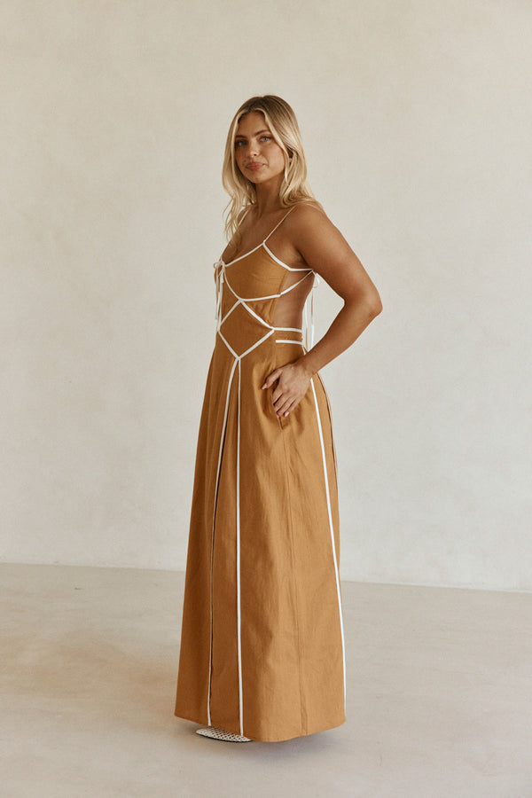 Tan Panel Flouncy Maxi Avala Dress