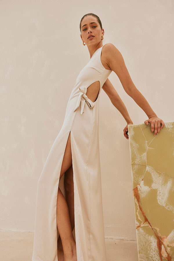 Beige Silky One Shoulder Tie Split Tavia Maxi Dress