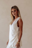 White Asymmetric V Neck Wrap Teah Top