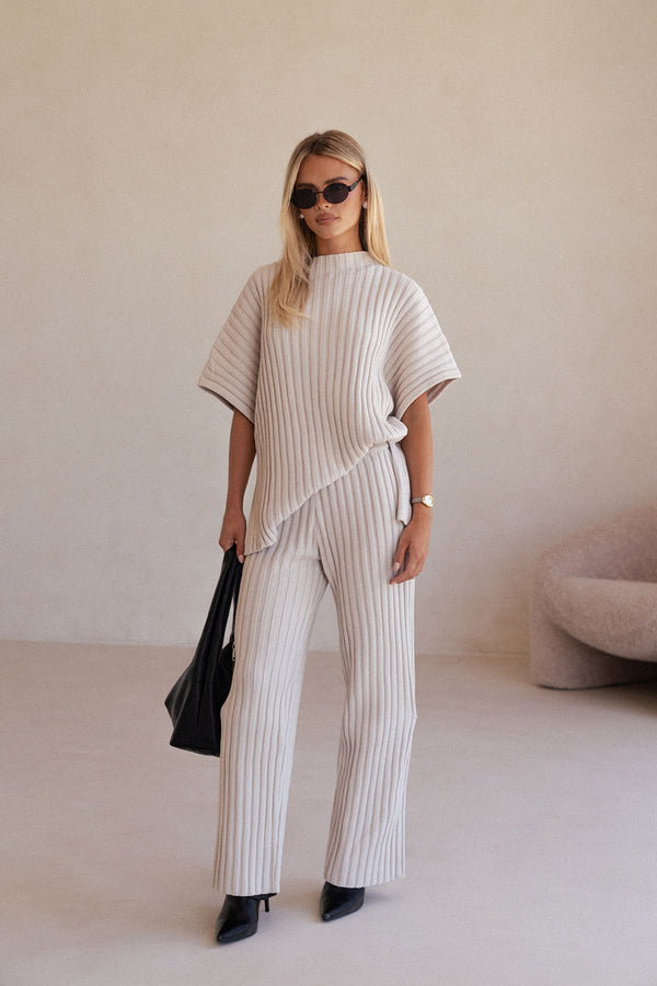 Beige Sand Ribbed Knit Celine Top