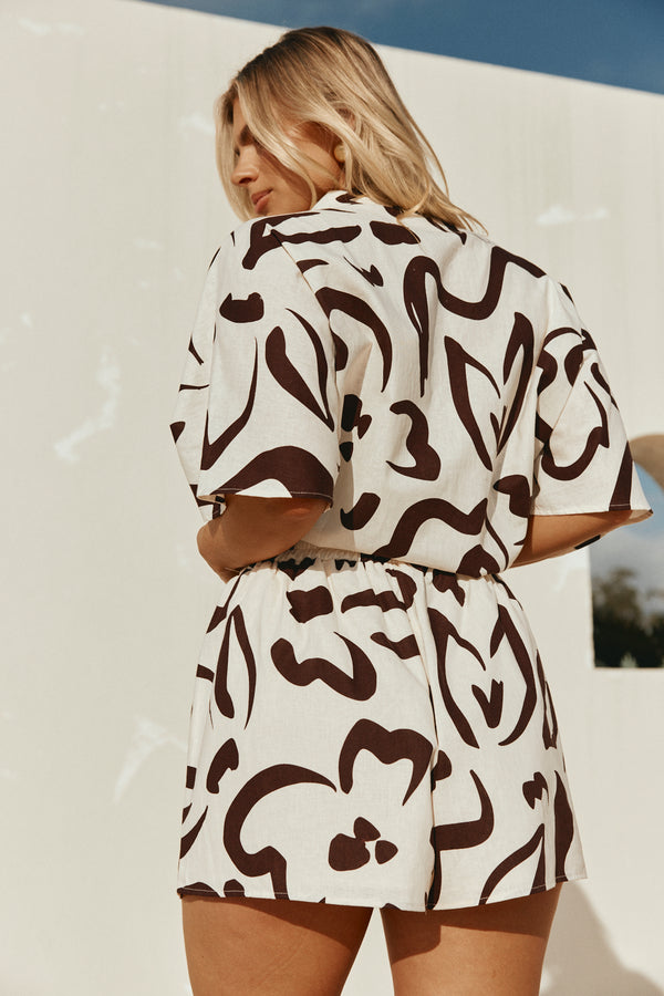 Cream Floral Fleur Lines Print Drawstring Seona Shorts