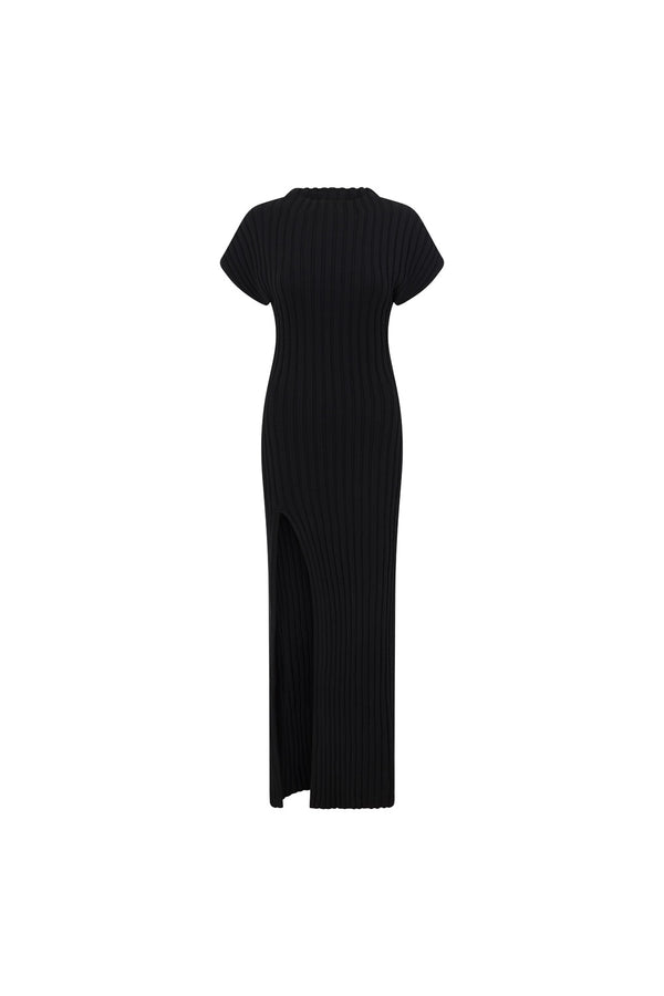 Black High Neck Short Sleeve Split Maxi Gemini Dress