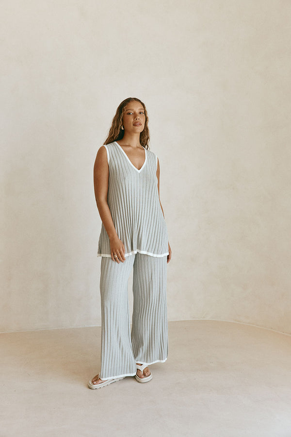 Grey Woven Ribbed V Neck Silla Top