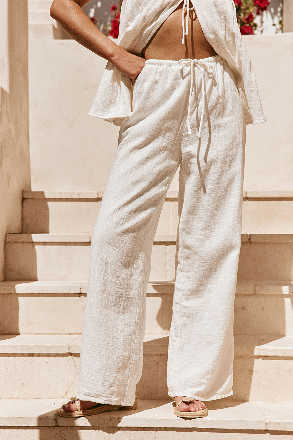 White Cotton Elastic Drawstring Gaia Pants