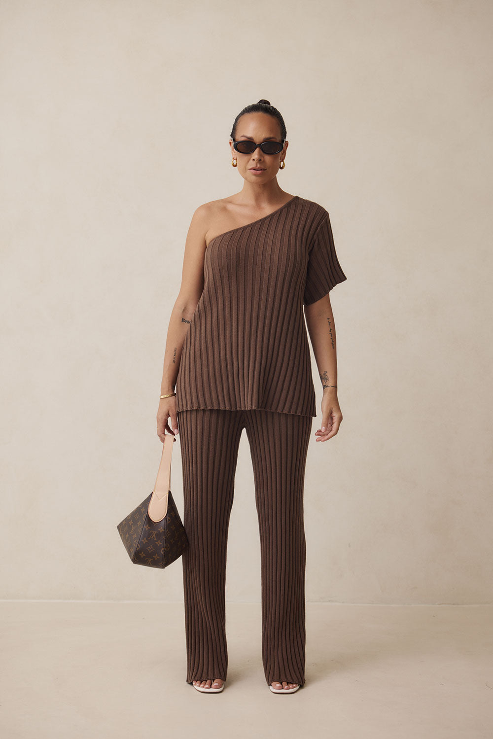 Brown Ribbed Cotton Knit Elastic Neena Pants