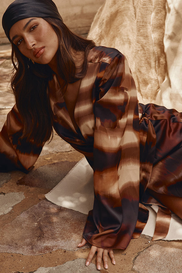 Brown Mirage Bloom Print Satin Mini Wrap Haven Dress