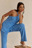 Blue Ribbed Knit Halter May Top