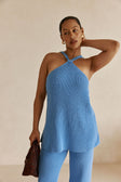 Blue Ribbed Knit Halter May Top