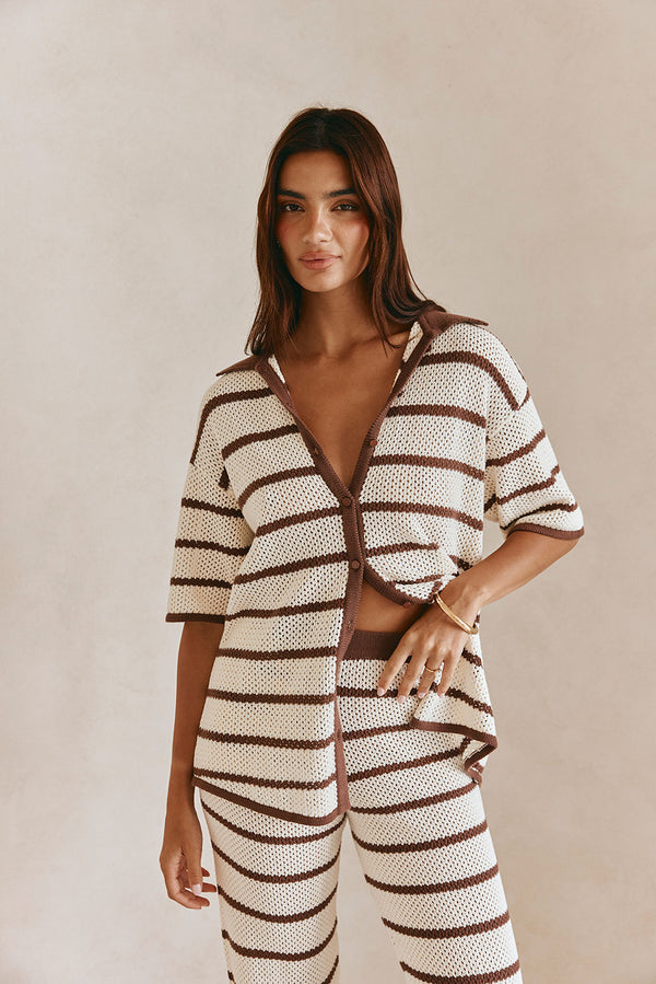 Mia Collared Button Up Short Sleeve Knit Top - Cream, Brown Stripe