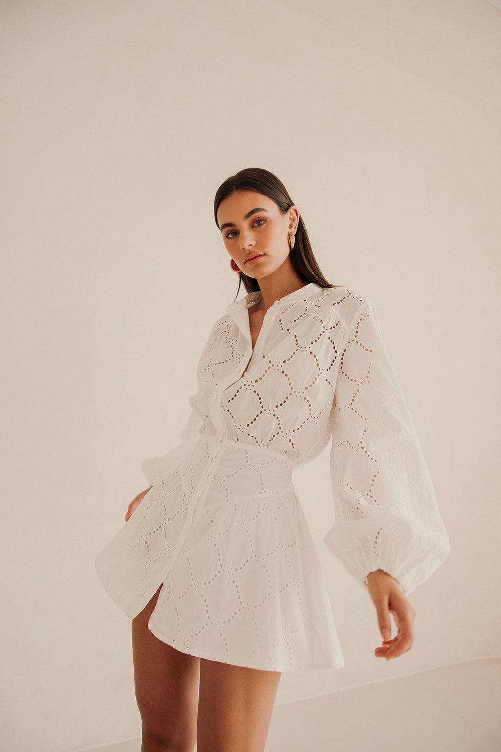 Naima Long Sleeve Button Up Embroidered Mini Corset Dress - White