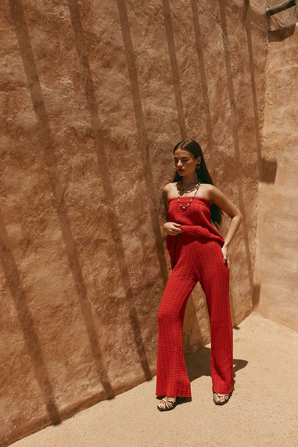 Red Cotton Knit High Waist Athena Pants