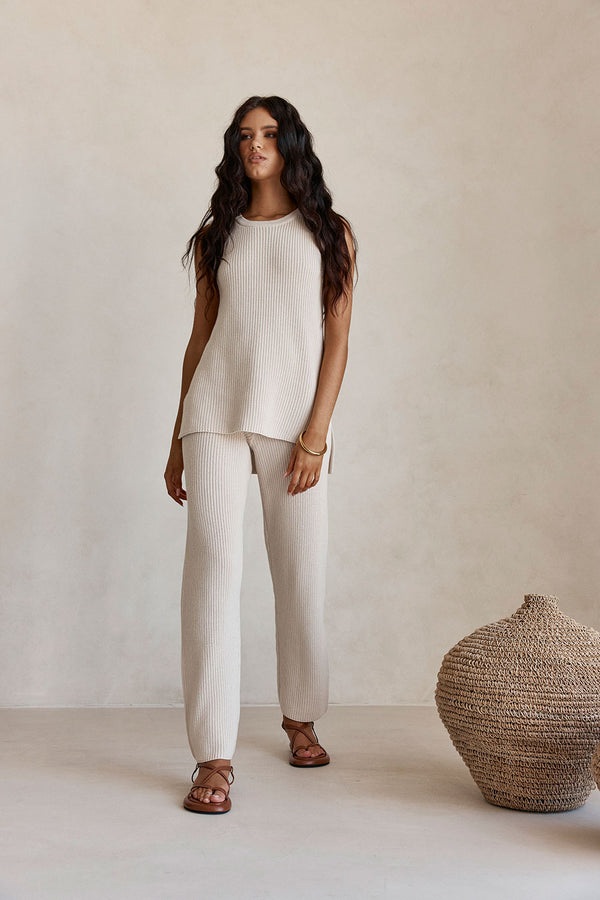 Beige Cotton Knit Round Neck Maxine Tank Top