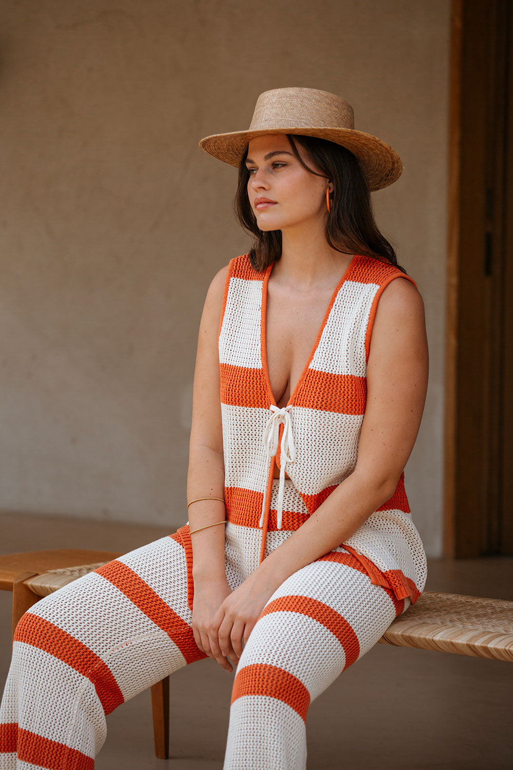 Nantes Knitted Stripe Tie Top - Cream, Orange