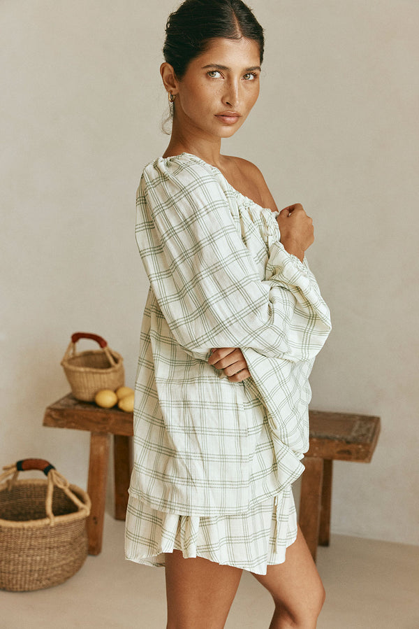 Green Checkered Long Sleeve Front Tie Tilli Top