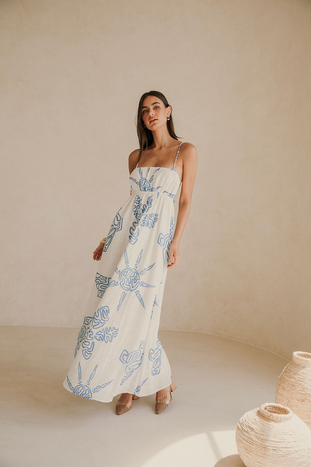 Catie Thin Strap Tropical Backless Maxi Dress - White, Blue Evoke Print